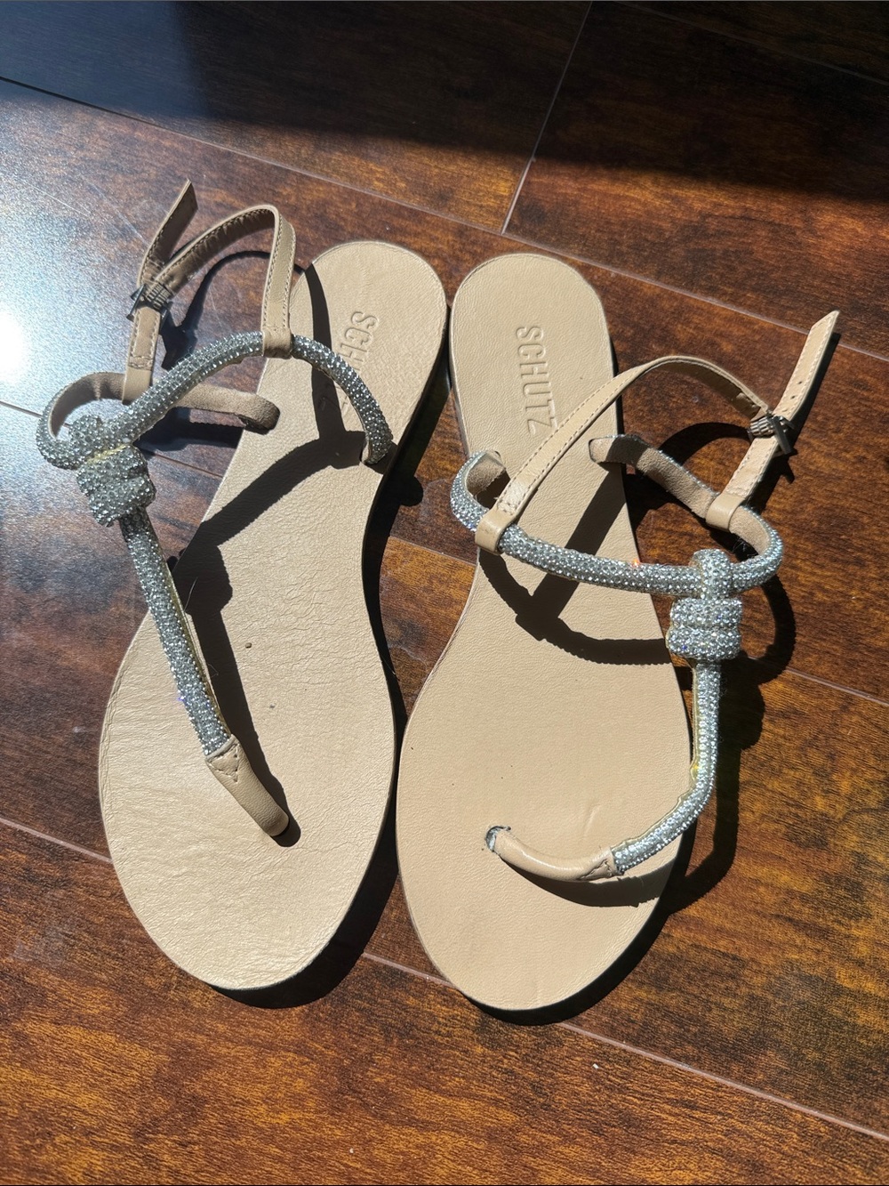SCHUTZ Nude/Tan Sandals with Silver Crystal Knot Straps